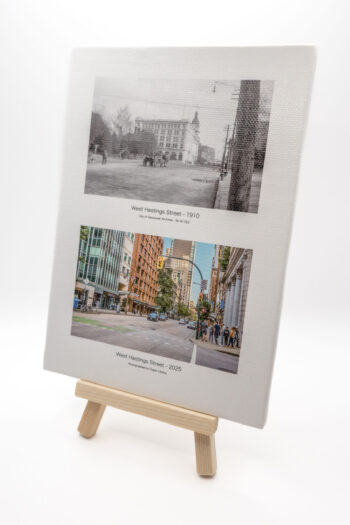 Hastings Street in Vancouver as seen in 1910 and 2025 respectively