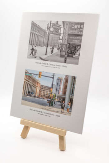 The intersection of Granville Street and Cordova Street as seen in 1940s and 2025