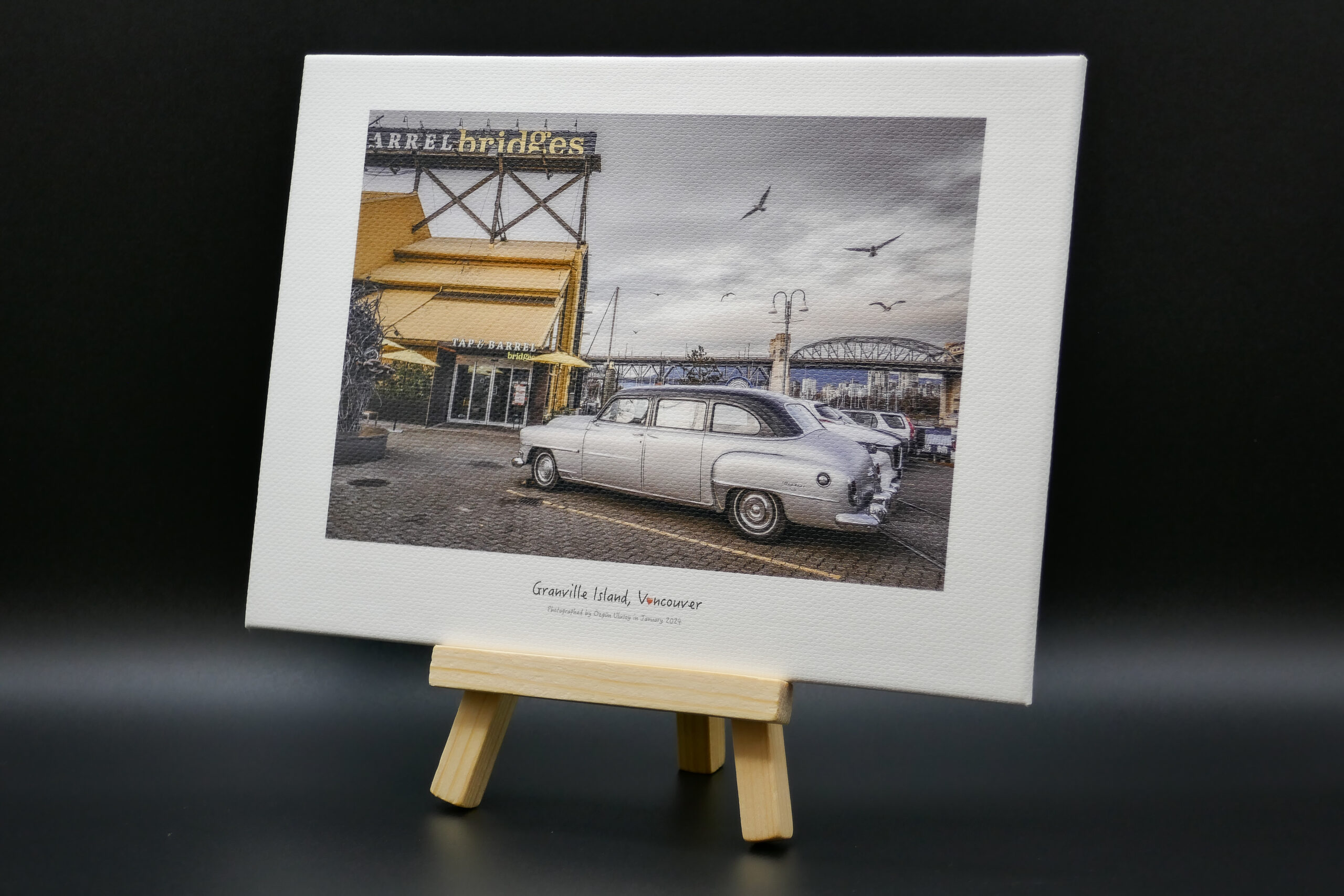 Classic car and flying seagulls in Granville Island, Vancouver